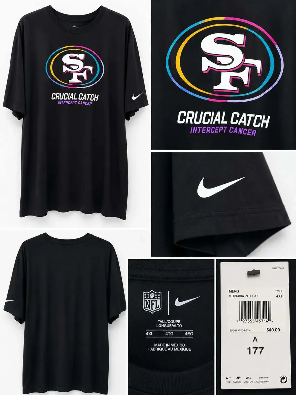 Nike San Francisco 49ers NFL Crucial Catch Intercept Cancer Big & Tall T-Shirt